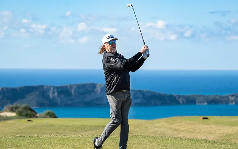 Portrait of Miguel Ángel Jiménez playing golf at Costa Navarino